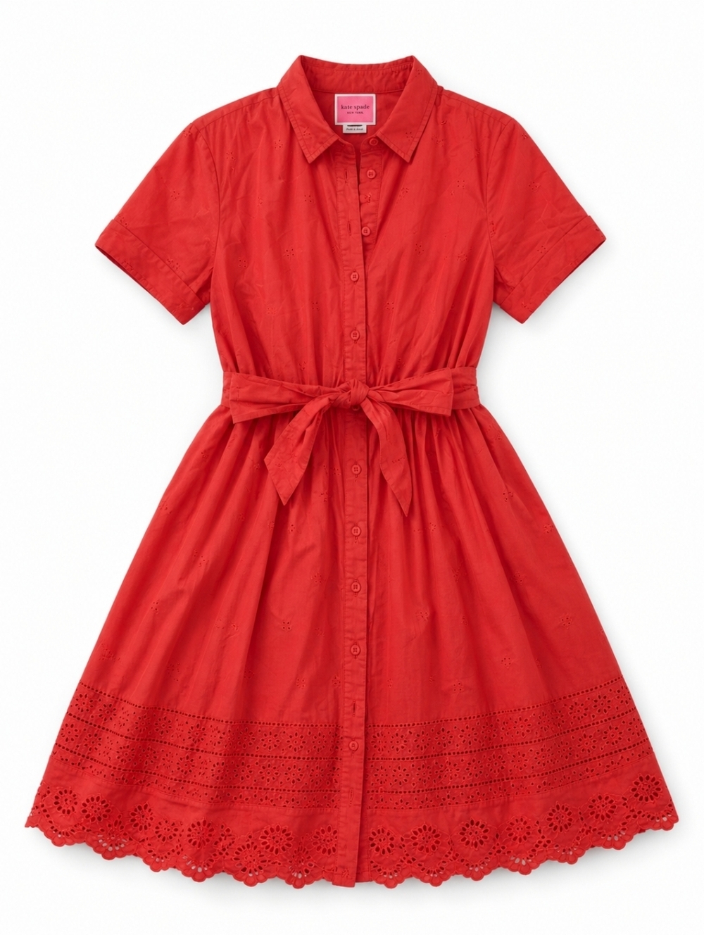 Kate Spade Tie-Waist Eyelet midi cotton shirt dress tie stretch waist sz L - Picture 2 of 10